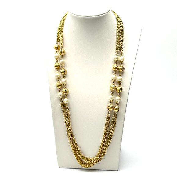 Vintage 1980s Goldtone Station Necklace—50" Pearl & Textured Gold Beads — EUC - Picture 6 of 8